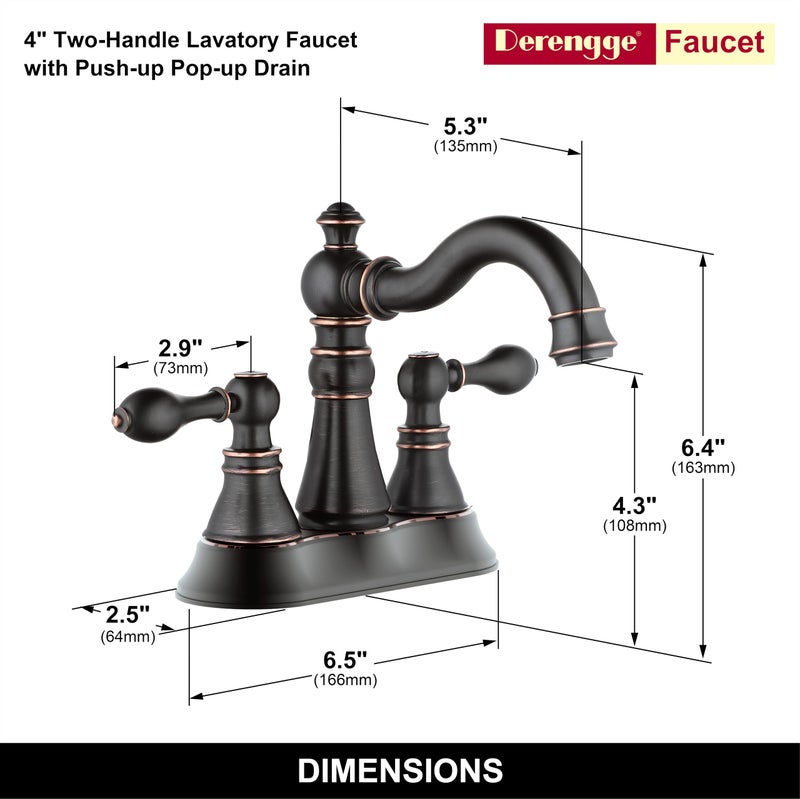 Derengge Two Handle Oil Rubbed Bronze Bathroom Sink Faucet 3 Hole with Pop up Drain Assembly, Classic 4 Inch Centerset Bathroom Lavatory Faucet with 360Â° Swivel Spout,EW-516-NB - Image 2